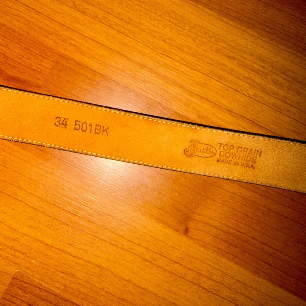 Justin Vintage 1991 Western Black Leather Belt Silver Scalloped Buckle 34 Retro